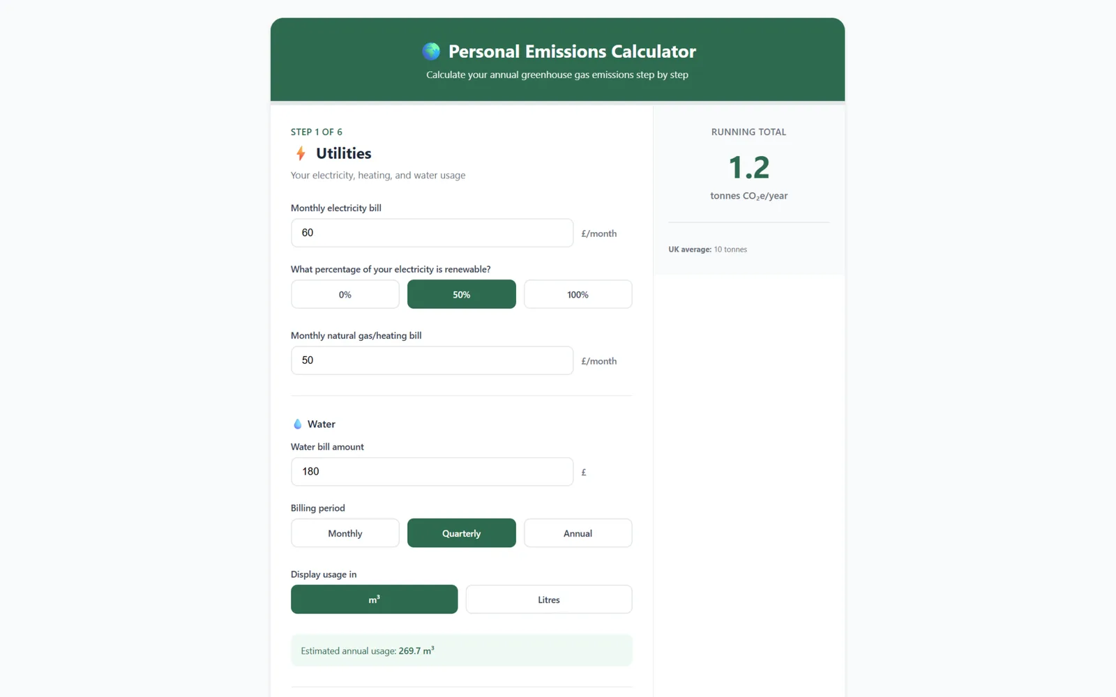 The first step of the calculator, with utility bill fields on the left and a running total sidebar reading 1.2 tonnes of CO2e a year against the UK average.