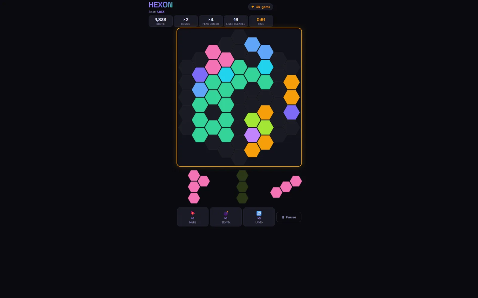 A dark hexagonal puzzle board mid-game with coloured hex pieces placed across it and a queue of pieces waiting below