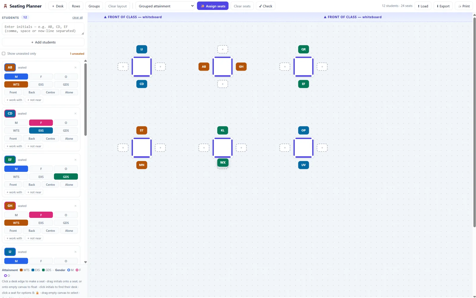 A classroom plan of paired desks with colour-coded pupil initials on each seat, beside a roster of tagged pupils